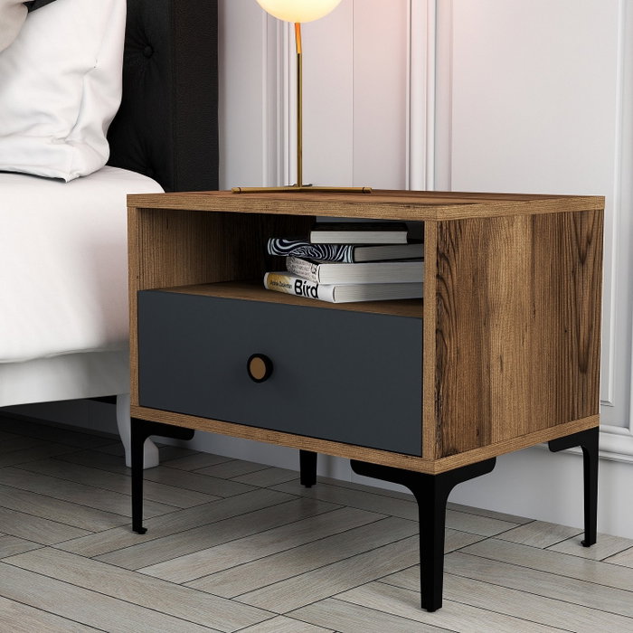 Hanah Home Mesilla de Noche Lizbon 529 - Nogal, Antracita - 56x50.8x40 cm - Mesita Auxiliar Dormitorio